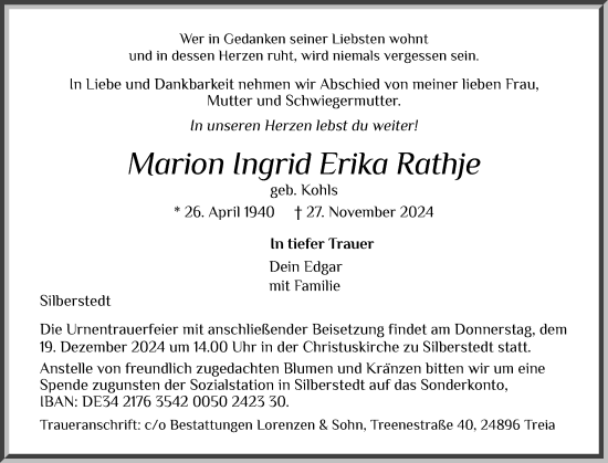 Traueranzeige von Marion Ingrid Erika Rathje von Schleswiger Nachrichten, Schlei-Bote