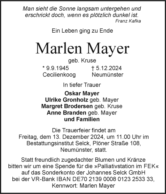 Traueranzeige von Marlen Mayer von Holsteinischer Courier