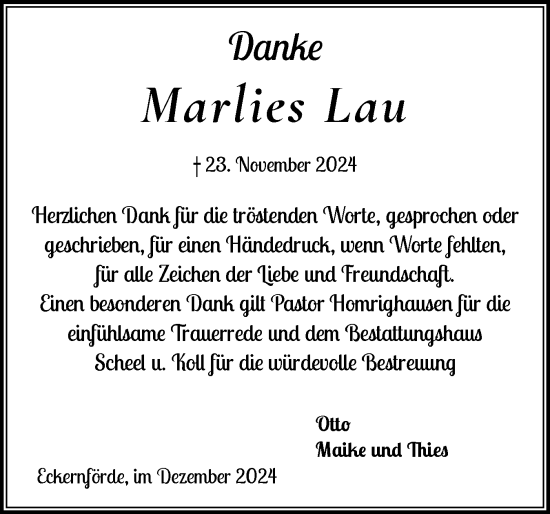 Traueranzeige von Marlies Lau von Eckernförder Zeitung, Hallo Eckernförde