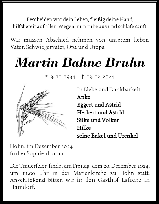 Traueranzeige von Martin Bahne Bruhn von Schleswig-Holsteinische Landeszeitung