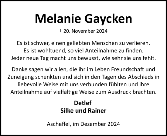 Traueranzeige von Melanie Gaycken von Eckernförder Zeitung, Hallo Eckernförde