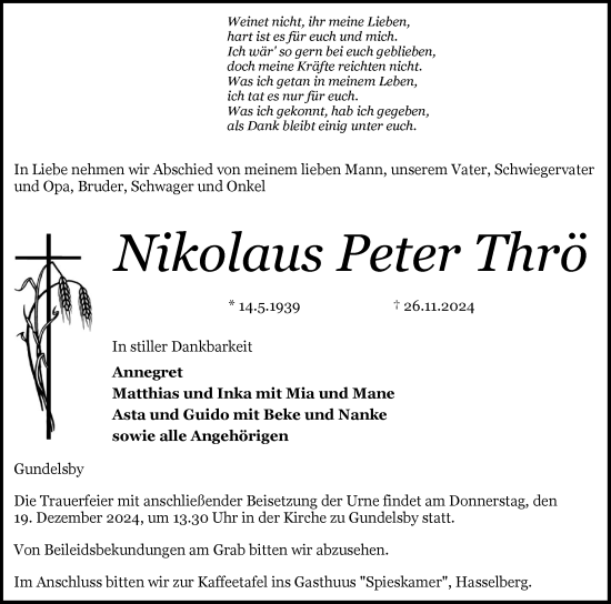 Traueranzeige von Nikolaus Peter Thrö von Flensburger Tageblatt, Schleswiger Nachrichten, Schlei-Bote