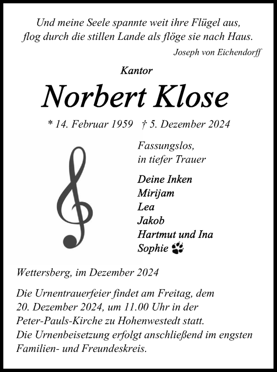 Traueranzeige von Norbert Klose von Schleswig-Holsteinische Landeszeitung