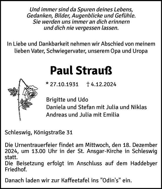 Traueranzeige von Paul Strauß von Schleswiger Nachrichten, Schlei-Bote