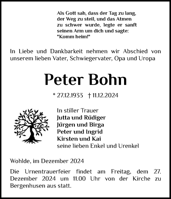 Traueranzeige von Peter Bohn von Schleswig-Holsteinische Landeszeitung