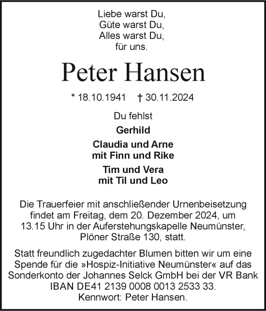 Traueranzeige von Peter Hansen von Holsteinischer Courier