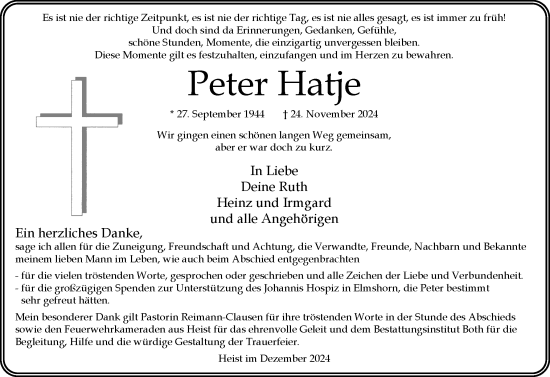 Traueranzeige von Peter Hatje von Uetersener Nachrichten, Der tip am Wochenende