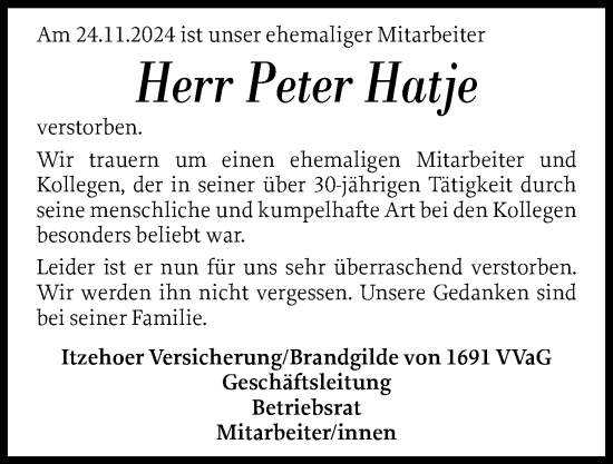 Traueranzeige von Peter Hatje von Uetersener Nachrichten, Der tip am Wochenende