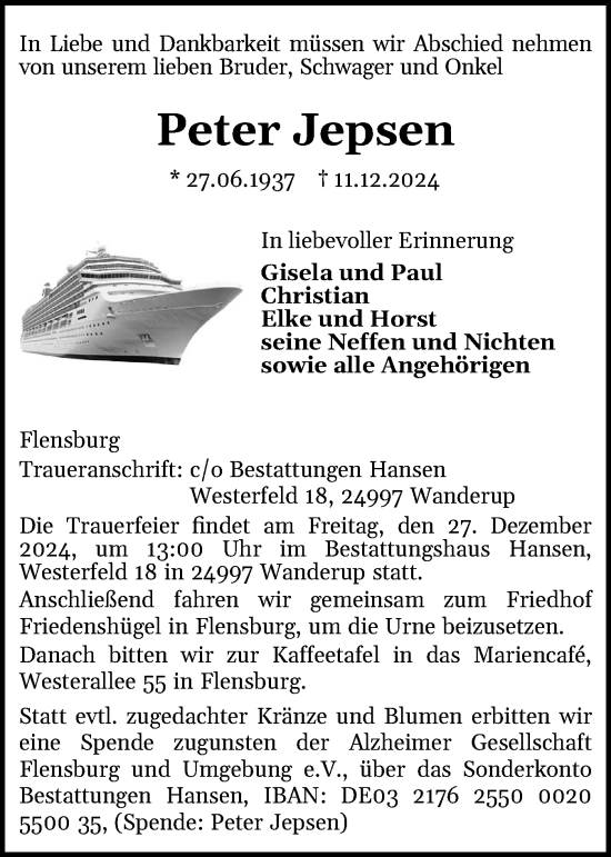 Traueranzeige von Peter Jepsen von Flensburger Tageblatt