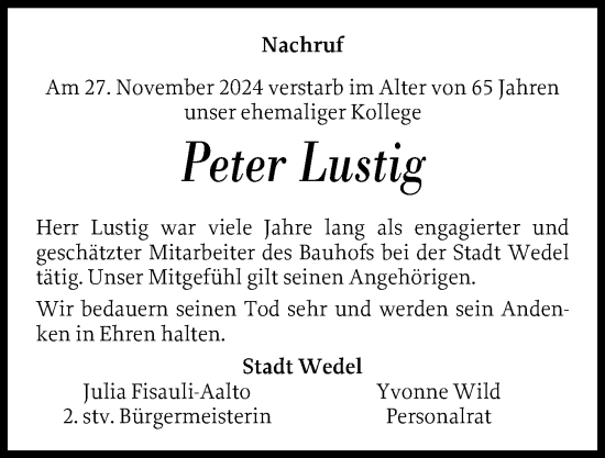 Traueranzeige von Peter Lustig von Wedel-Schulauer Tageblatt, tip Wedel-Schulauer Tageblatt, tip Rissener Rundschau