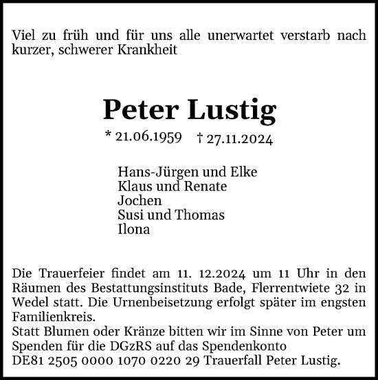 Traueranzeige von Peter Lustig von Wedel-Schulauer Tageblatt, tip Wedel-Schulauer Tageblatt, tip Rissener Rundschau