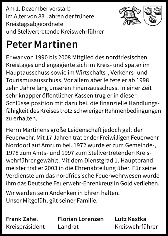 Traueranzeige von Peter Martinen von Region Westküste