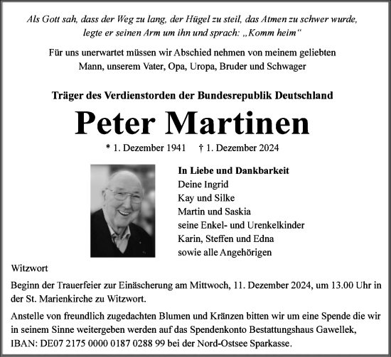 Traueranzeige von Peter Martinen von Husumer Nachrichten, Nordfriesland Tageblatt