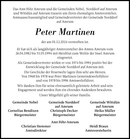 Traueranzeige von Peter Martinen von Der Insel-Bote
