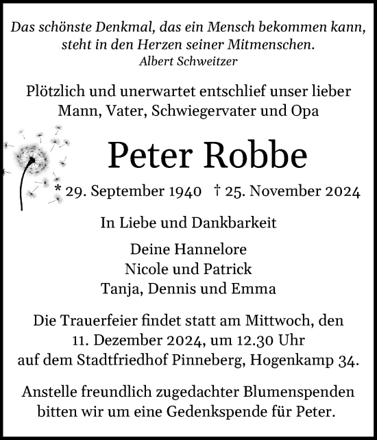 Traueranzeige von Peter Robbe von Region Pinneberg und tip Pinneberg