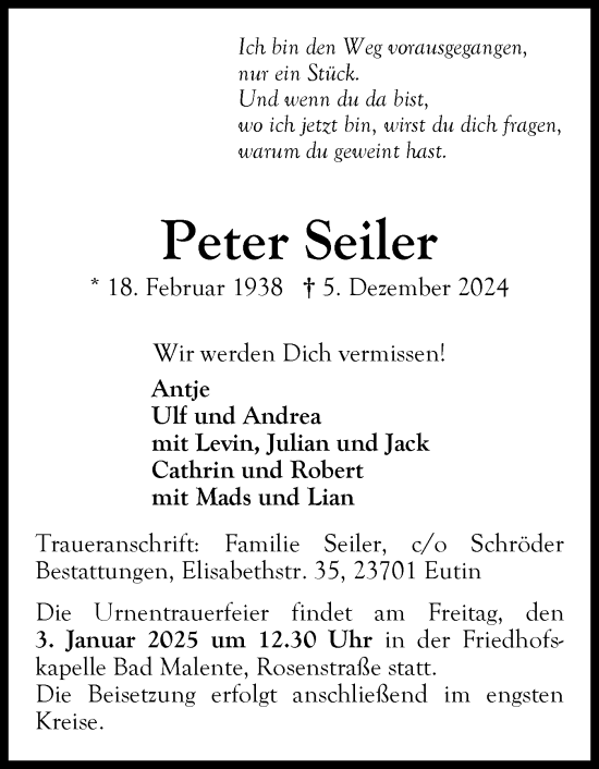 Traueranzeige von Peter Seiler von Ostholsteiner Anzeiger