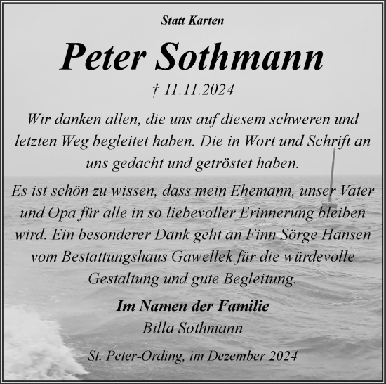 Traueranzeige von Peter Sothmann von Husumer Nachrichten, Nordfriesland Tageblatt