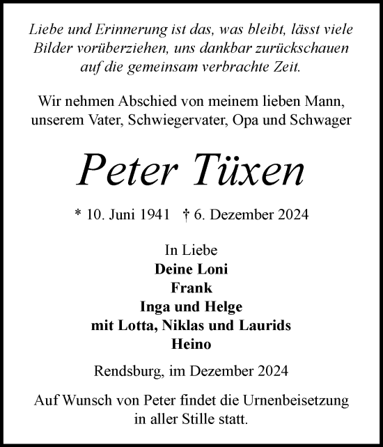 Traueranzeige von Peter Tüxen von Schleswig-Holsteinische Landeszeitung