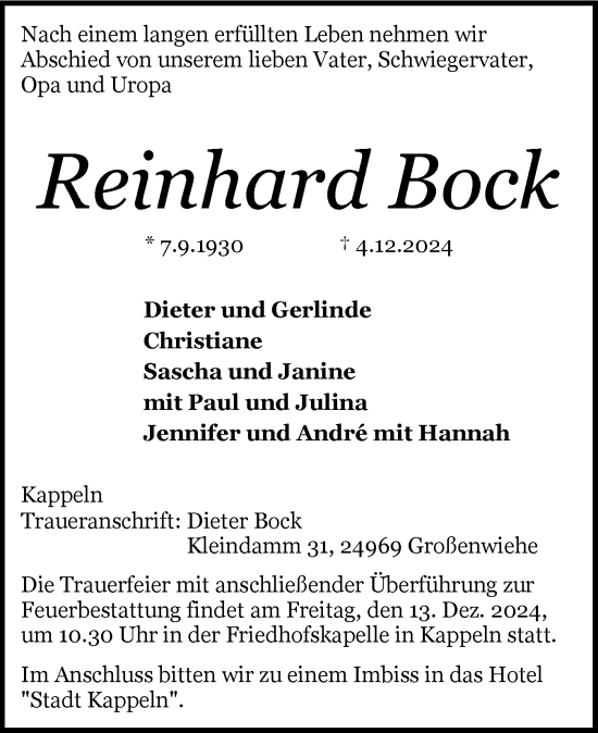 Traueranzeige von Reinhard Bock von Schleswiger Nachrichten, Schlei-Bote