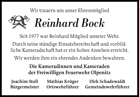 Traueranzeige von Reinhard Bock von Schleswiger Nachrichten, Schlei-Bote