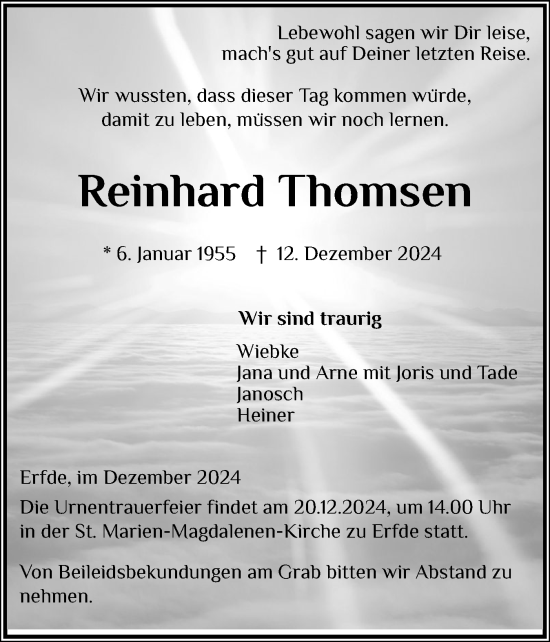 Traueranzeige von Reinhard Thomsen von Schleswig-Holsteinische Landeszeitung