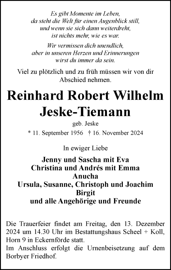 Traueranzeige von Reinhard Robert Wilhelm Jeske-Tiemann von Eckernförder Zeitung, Hallo Eckernförde