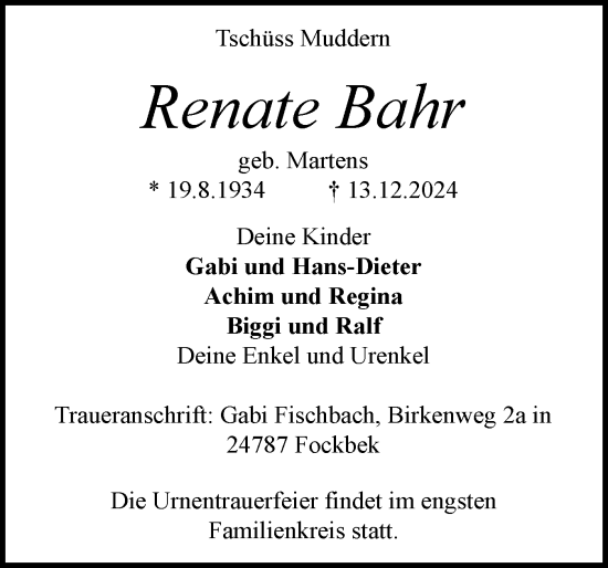 Traueranzeige von Renate Bahr von Schleswig-Holsteinische Landeszeitung