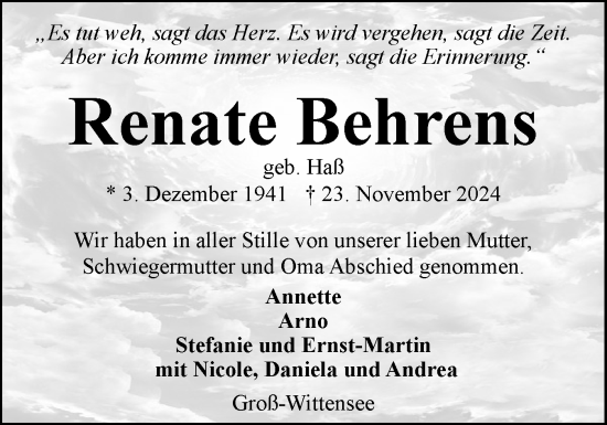 Traueranzeige von Renate Behrens von Eckernförder Zeitung, Hallo Eckernförde