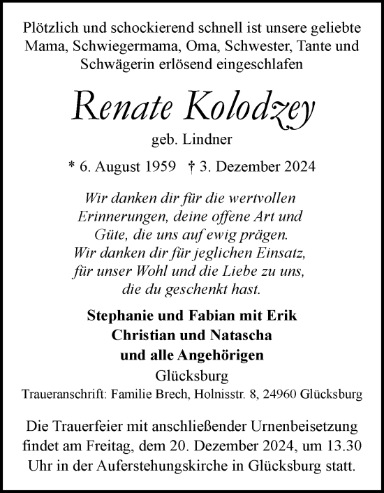 Traueranzeige von Renate Kolodzey von Flensburger Tageblatt, Schleswiger Nachrichten, Schlei-Bote