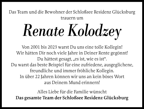 Traueranzeige von Renate Kolodzey von Flensburger Tageblatt
