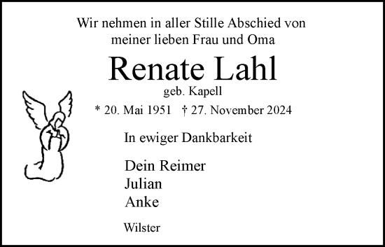 Traueranzeige von Renate Lahl von Norddeutsche Rundschau, Wilstersche Zeitung, Glückstädter Fortuna