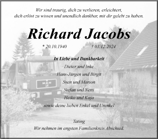 Traueranzeige von Richard Jacobs von Husumer Nachrichten, Nordfriesland Tageblatt