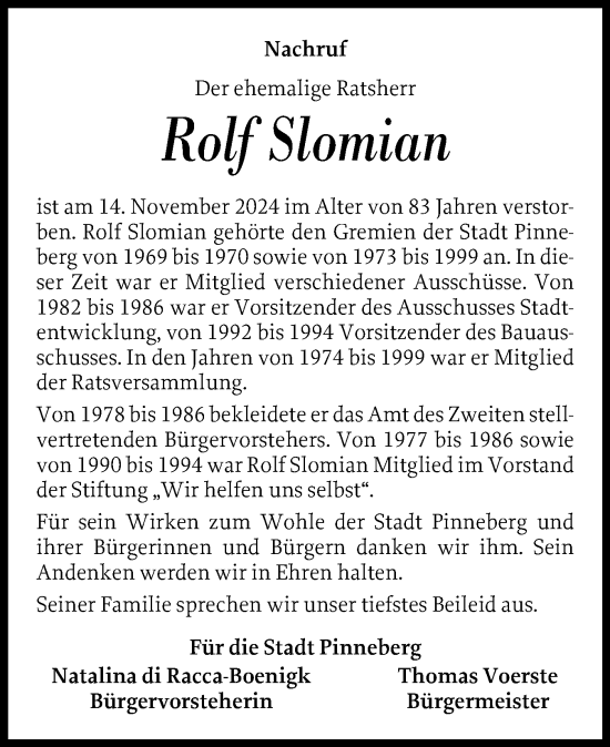 Traueranzeige von Rolf Slomian von Region Pinneberg und tip Pinneberg