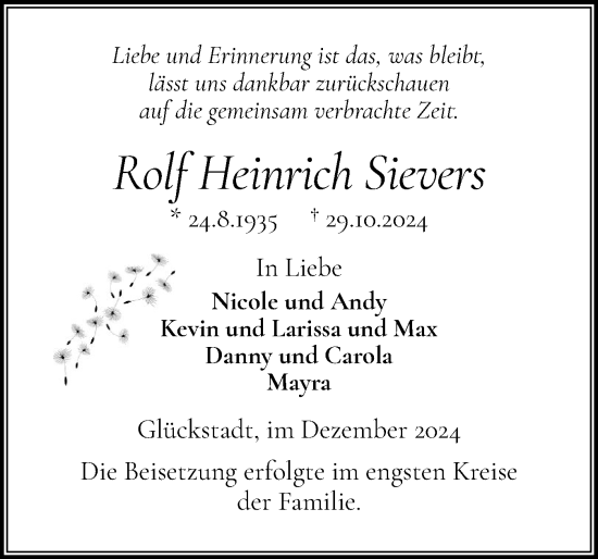 Traueranzeige von Rolf Heinrich Sievers von Norddeutsche Rundschau, Wilstersche Zeitung, Glückstädter Fortuna
