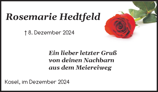 Traueranzeige von Rosemarie Hedtfeld von Eckernförder Zeitung, Hallo Eckernförde