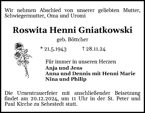 Traueranzeige von Roswita Henni Gniatkowski von Eckernförder Zeitung, Hallo Eckernförde