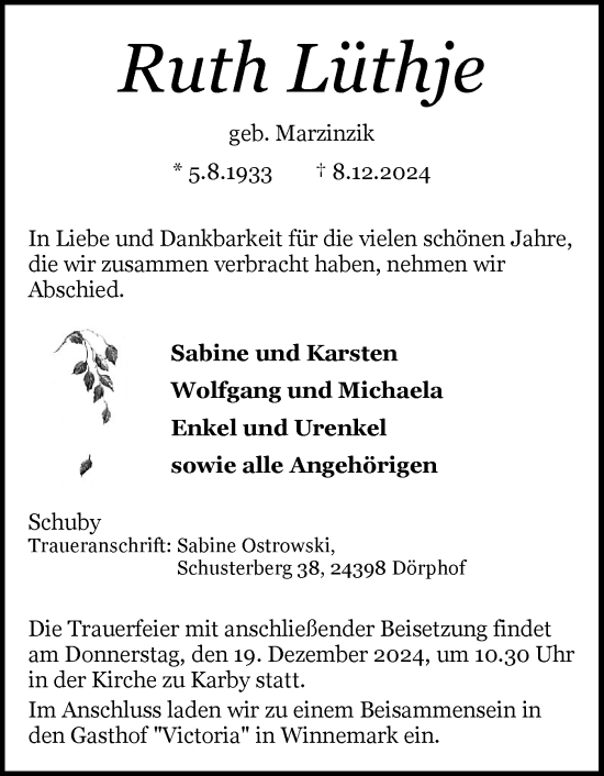 Traueranzeige von Ruth Lüthje von Schleswiger Nachrichten, Schlei-Bote
