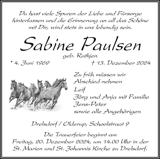 Traueranzeige von Sabine Paulsen von Husumer Nachrichten, Nordfriesland Tageblatt