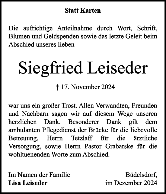Traueranzeige von Siegfried Leiseder von Schleswig-Holsteinische Landeszeitung