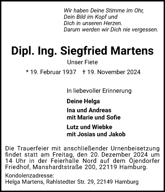 Traueranzeige von Siegfried Martens von Region Pinneberg und tip Pinneberg