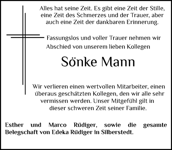 Traueranzeige von Sönke Mann von Schleswiger Nachrichten, Schlei-Bote