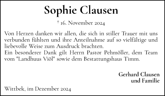 Traueranzeige von Sophie Clausen von Husumer Nachrichten, Nordfriesland Tageblatt