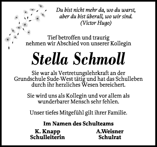 Traueranzeige von Stella Schmoll von Norddeutsche Rundschau, Wilstersche Zeitung, Glückstädter Fortuna