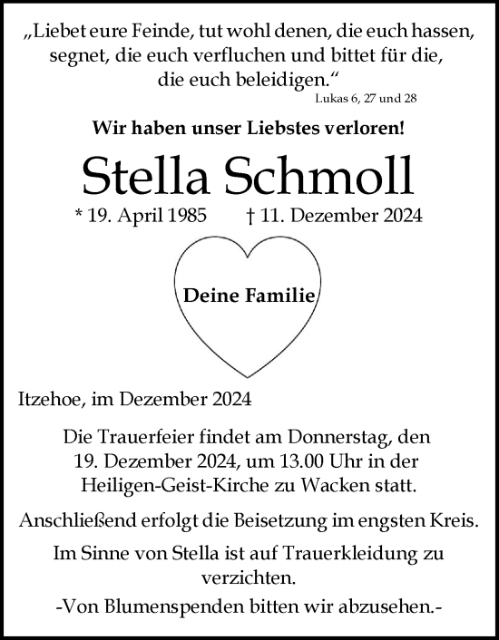 Traueranzeige von Stella Schmoll von Schleswig-Holsteinische Landeszeitung