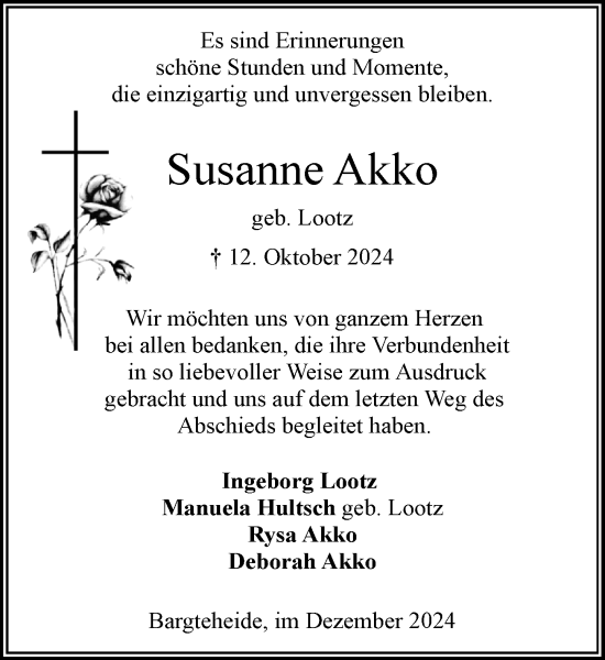 Traueranzeige von Susanne Akko von Stormaner Tageblatt