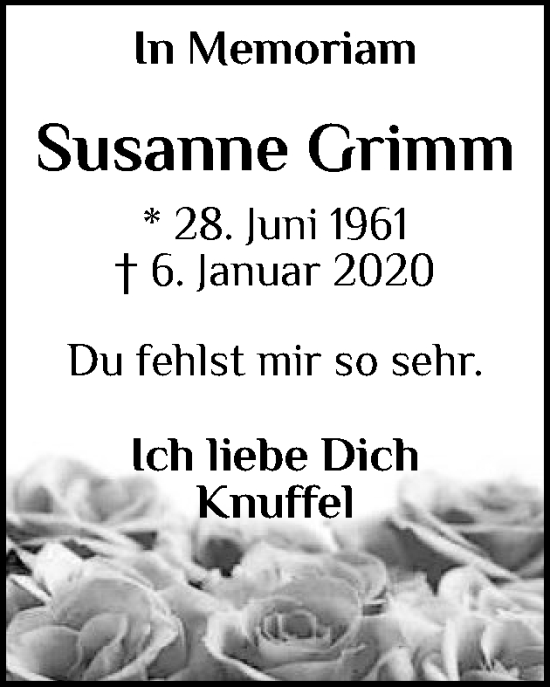 Traueranzeige von Susanne Grimm von Region Pinneberg und tip Pinneberg