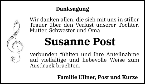 Traueranzeige von Susanne Post von Flensburger Tageblatt