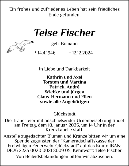 Traueranzeige von Telse Fischer von Norddeutsche Rundschau, Wilstersche Zeitung, Glückstädter Fortuna