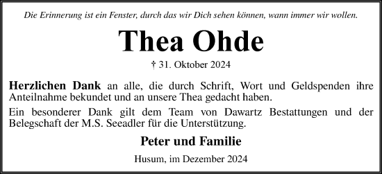 Traueranzeige von Thea Ohde von Husumer Nachrichten, Nordfriesland Tageblatt