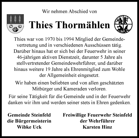 Traueranzeige von Thies Thormählen von Schleswiger Nachrichten, Schlei-Bote